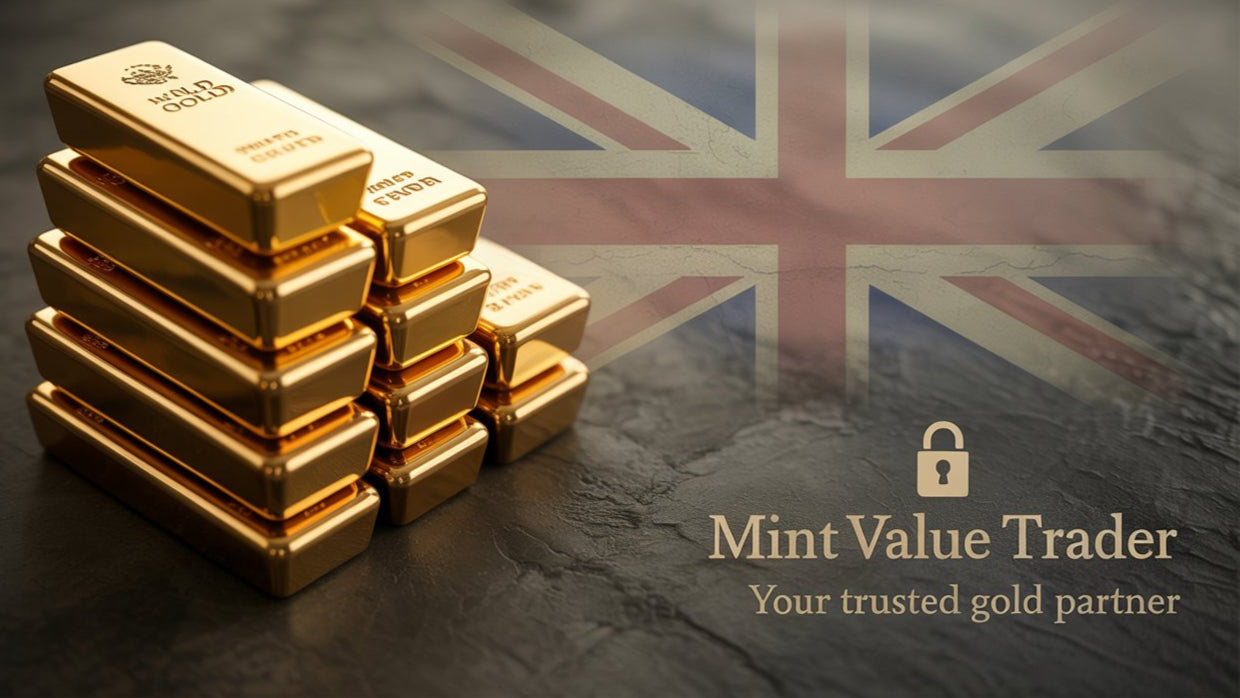 Stack of gold bars with a British flag in the background and 'Mint Value Trader' branding.